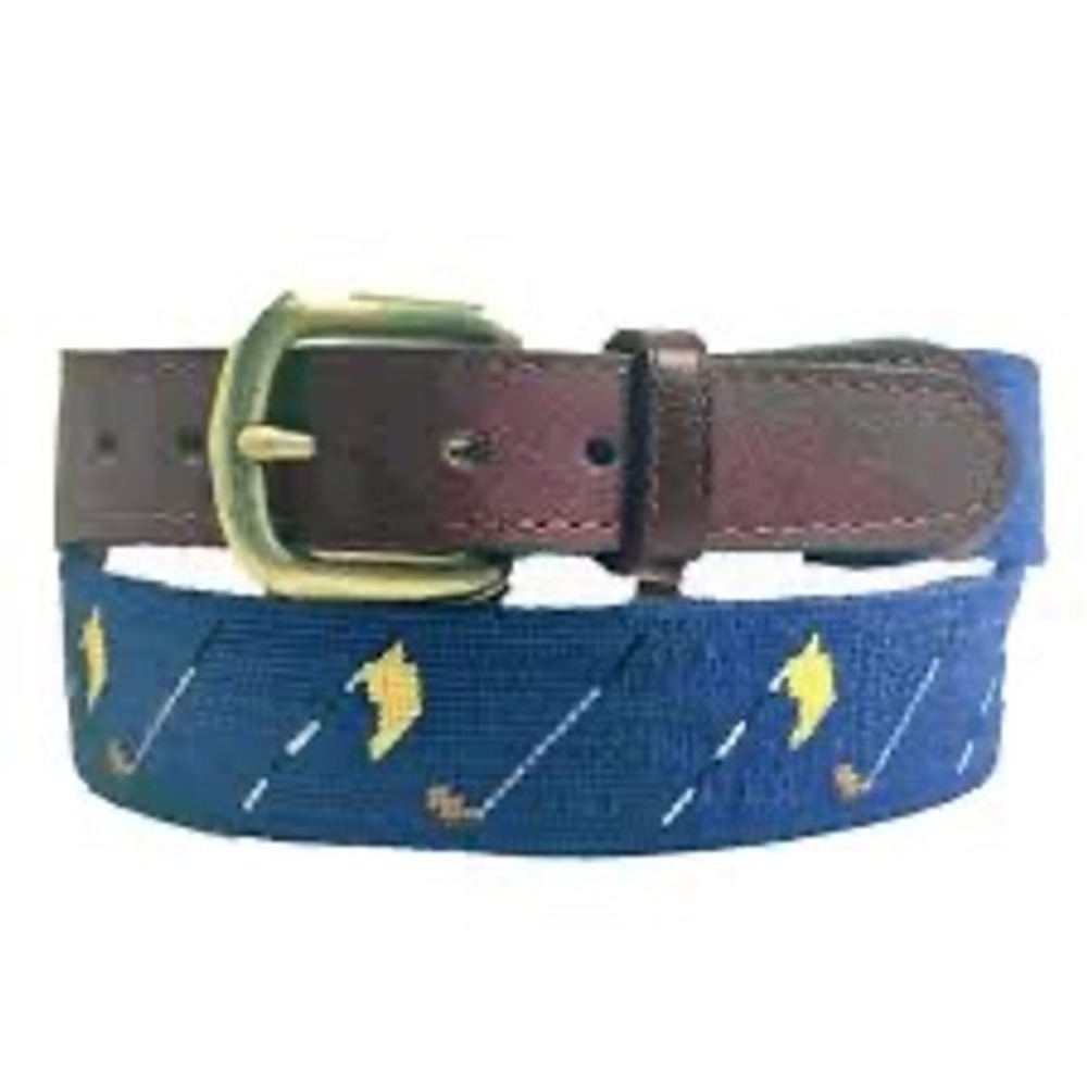 Smathers & Branson Mens Golf Needlepoint Belt Navy Blue Leather Size 36 Brass